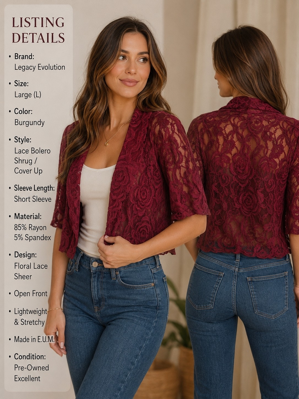 Legacy Burgundy Floral Lace Bolero Shrug
